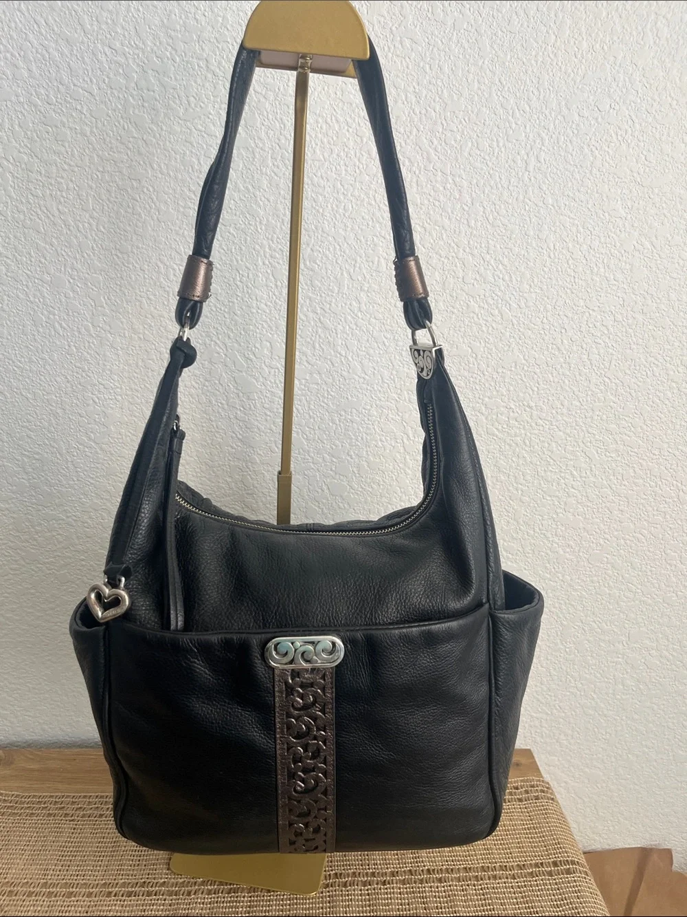 Brighton Caitlyn Black Pebbled Leather Hobo Shoulder Bag Tooled Silver